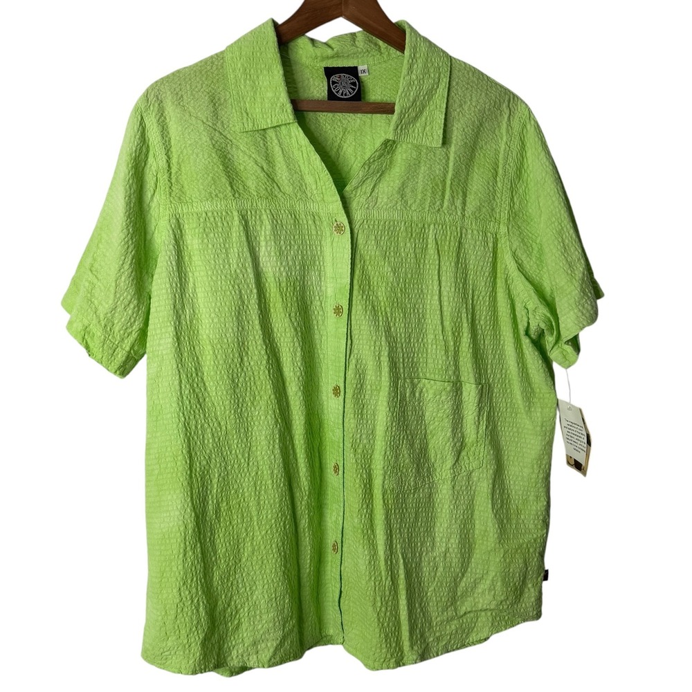 Vintage The Produce Company 1X Lime Green Seersucker Button Up Shirt Made in USA